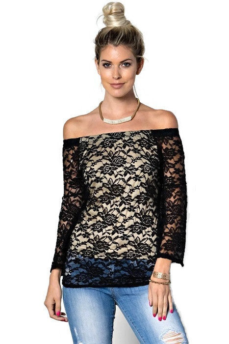 Black Flower Lace Off-the-Shoulder Top - Forever Dream Boutique - 1
