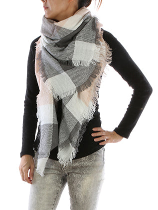 Gray/White/Pale Peach Plaid Blanket Scarf