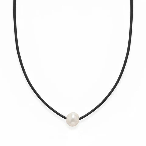 16" Black Leather and Floating Cultured Freshwater Pearl Necklace