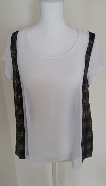 Plaid White Sheer Short Sleeve Blouse Top