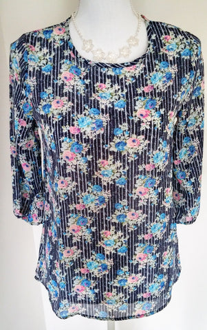Blue Striped Floral Chiffon Blouse - Forever Dream Boutique - 1