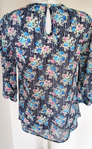 Blue Striped Floral Chiffon Blouse - Forever Dream Boutique - 2