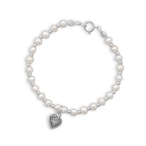 6" Cultured Freshwater Pearl and Silver Bead Bracelet with Oxidized Heart