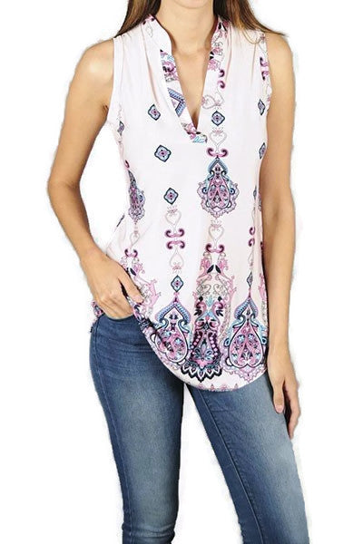 Curvy Bohemian Jewel Print Pink Tank Blouse - Forever Dream Boutique - 1