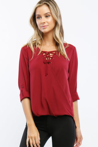 Lace Up Burgundy Chiffon Top - Forever Dream Boutique - 1