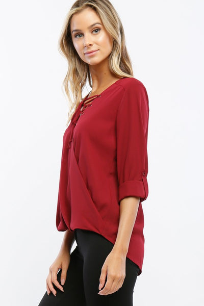 Lace Up Burgundy Chiffon Top - Forever Dream Boutique - 2