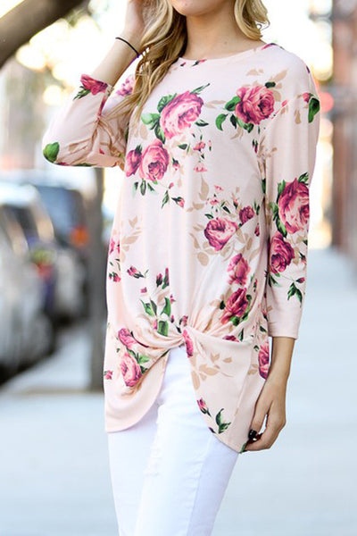 Pink Floral Front Twist Top Blouse