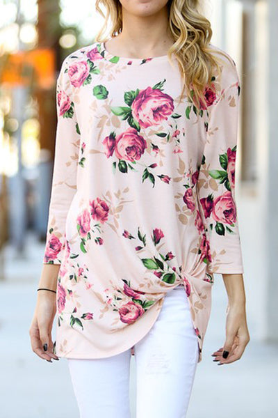 Pink Floral Front Twist Top Blouse