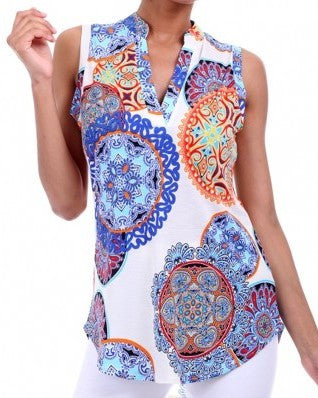 Medallion Print Off White Sleeveless Tunic Tank Top - Forever Dream Boutique - 1