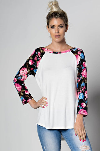 White Floral Sleeved Raglan Baseball Top - Forever Dream Boutique - 1
