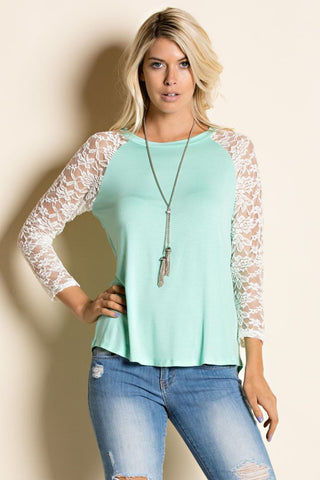 Mint Green Lace Sleeved Raglan Round Neck Top - Forever Dream Boutique - 1