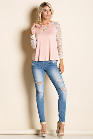 Peach Lace Sleeved Raglan Round Neck Top - Forever Dream Boutique