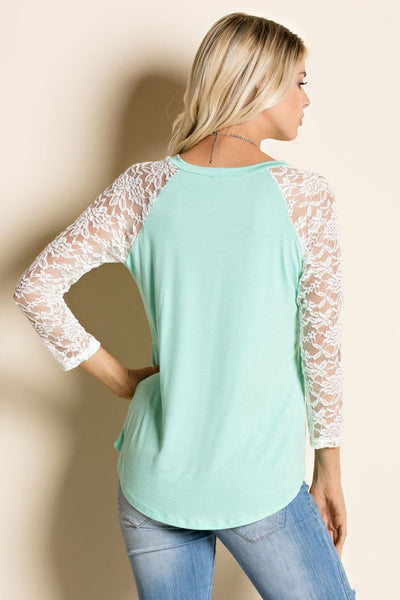Mint Green Lace Sleeved Raglan Round Neck Top - Forever Dream Boutique - 6
